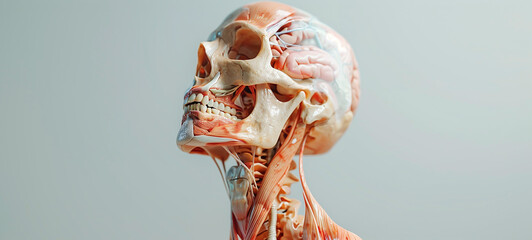 A human skull is depicted, revealing intricate details of joints and muscle tissue, illuminating the complexity of the human anatomy