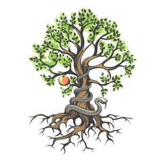 Serpent Tempter Wraps Around a Tree of the Knowledge of Good and Evil Illustration