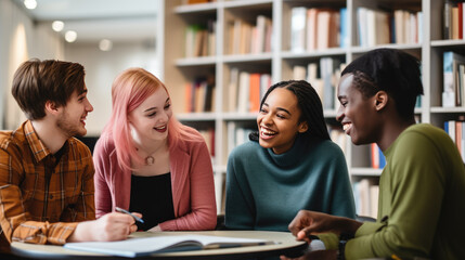 Diverse group of five smiling students gathered around a laptop in a library