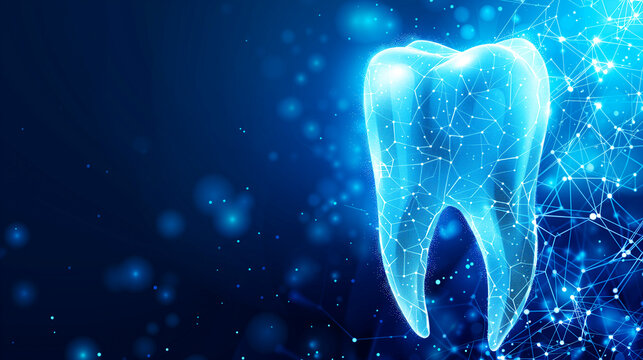Illustration of tooth in futuristic polygonal style. Concept of protecting or treating teeth.
