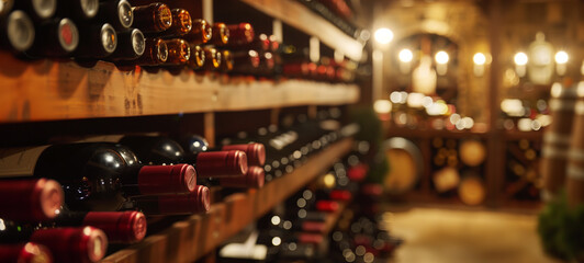 Rows of wine bottles are neatly arranged on shelves with hues of light yellow and dark crimson infusing an ambiance of elegance and refinement - obrazy, fototapety, plakaty