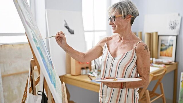 Smiling mature woman painting on canvas in a bright art studio