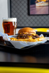 beer and doble cheeseburger with fries
