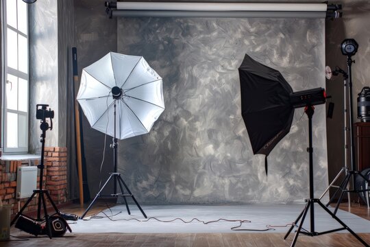 A professional photo studio setup featuring two umbrellas and a camera, ready for a photography session. The studio is equipped with various illumination tools for capturing high-quality images.