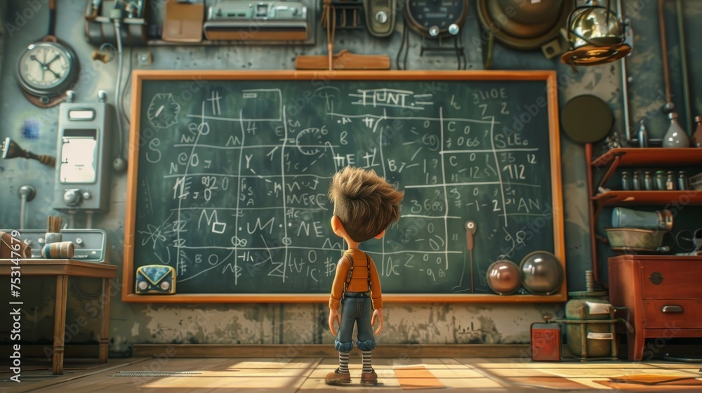 Poster digital illustration of a young animated character pondering over complicated mathematical and scien