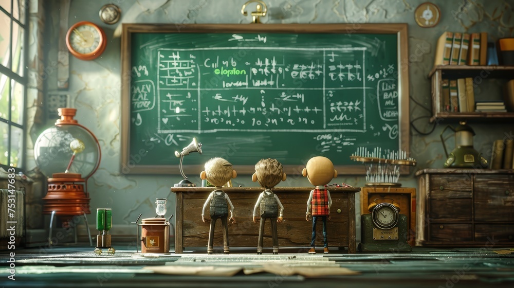 Poster three cartoon characters attentively studying complex equations on a chalkboard in a vintage-style c