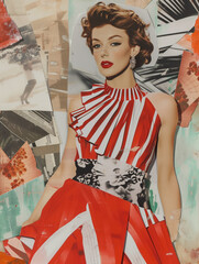 Minimalistic collage of woman in red dress, fasion style on with photo cards at the background. Surreal collage-style paintings