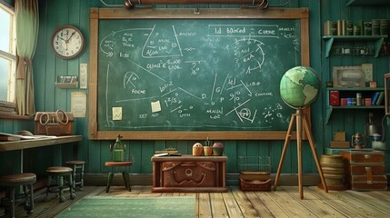 Old-fashioned classroom with chalkboard filled with scientific diagrams and equations, evoking a nostalgic academic atmosphere. - obrazy, fototapety, plakaty