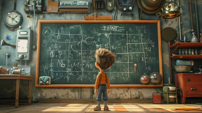 Digital illustration of a young animated character pondering over complicated mathematical and scientific formulas on a chalkboard.
