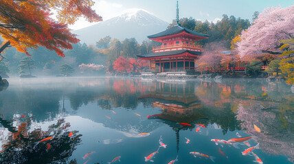 Serene Japanese temple with Mount Fuji, koi, sakura.generative ai