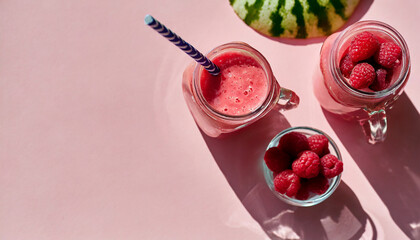 Raspberry smoothies in mason jar. Sweet and healthy beverage. Summer drinks. Flat lay - obrazy, fototapety, plakaty