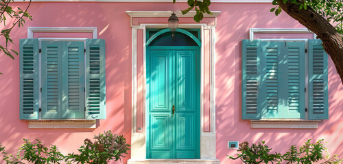 A classical house design with a symmetrical facade, adorned in pastel pink stucco walls and framed by azure blue shutters, centered around a vibrant emerald green door - obrazy, fototapety, plakaty
