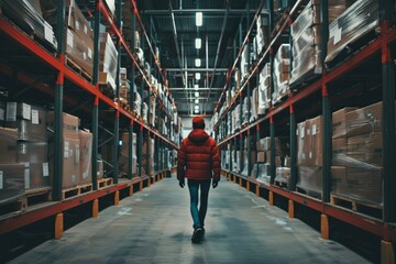 A warehouse worker wearing a red jacket, walking down an aisle lined with shelves and boxes in a warehouse.