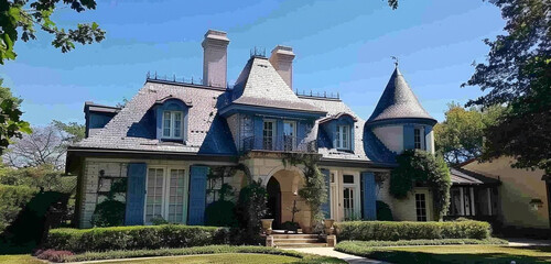 1920s french provincial house with a turret in lakewood - obrazy, fototapety, plakaty