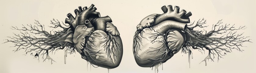 A drawing of two halves of a broken heart becoming separate entities - obrazy, fototapety, plakaty