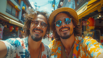 selfie of two japanese brothers wearing hawaii shirt laughing and walking on the street in Thailand ,generative ai