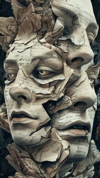 A surreal image of twisted and distorted faces with secret messages hidden within