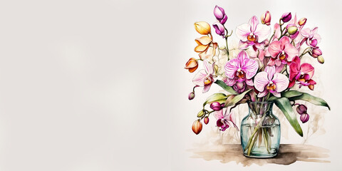 Romantic bouquet watercolor of Orchid full view  in vase on a light background, in bright colors. For Birthday, Easter, Mother day, Valentine's day greeting banner, card, copy space.
