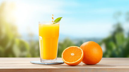 Fototapeta premium Orange Juice Glass With Oranges Around It And A Blurred Orchard In The Background