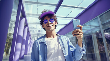 Stylish man with a broad smile, wearing a purple hat and round sunglasses, holding a smartphone