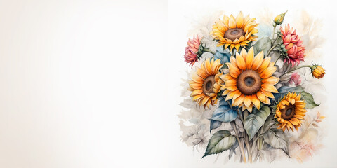Romantic bouquet watercolor of Sunflower full view  in vase on a light background, in bright colors. For Birthday, Easter, Mother day, Valentine's day greeting banner, card, copy space.
