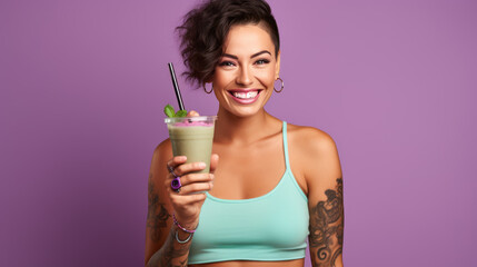 Smiling woman with tattoos, holding a smoothie