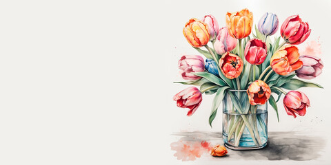 Romantic bouquet watercolor of Tulips full view  in vase on a light background, in bright colors. For Birthday, Easter, Mother day, Valentine's day greeting banner, card, copy space.
