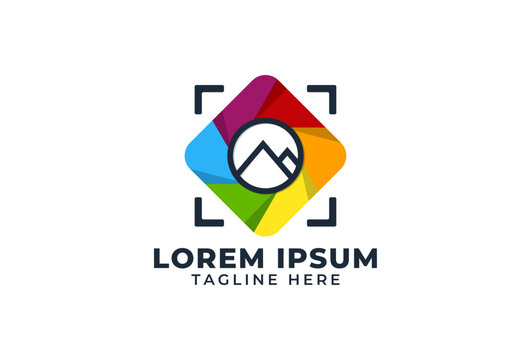 Colorful Mountain Landscape with Focus Square Lens Frame. Simple brand identity Logotype for Adventure, Outdoor, Nature Photography, Expedition, explore, rock, extreme. Photographer Logo Design