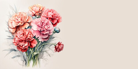 Romantic bouquet watercolor of Carnation full view  in vase on a light background, in bright colors. For Birthday, Easter, Mother day, Valentine's day greeting banner, card, copy space.
