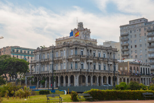 Spanish Embassy (Embajada de Espana en Cuba) on Calle Agramonte Street at Calle Capdevila Street in Old Havana (La Habana Vieja), Cuba. Old Havana is a World Heritage Site. 