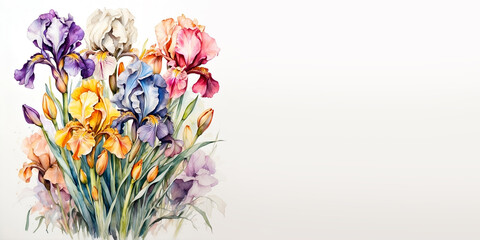 Romantic bouquet watercolor of Iris full view in vase on a light background, in bright colors. For Birthday, Easter, Mother day, Valentine's day greeting banner, card, copy space.