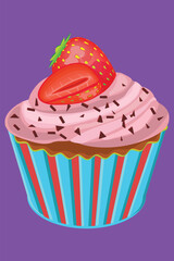 Cute colorful buttercream cupcakes with different colored strawberry flavors and chocolate chips. Flat vector dessert decoration pictures.cream cupcakes 