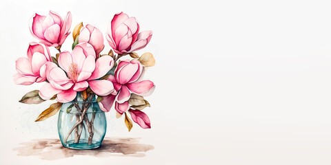 Romantic bouquet watercolor of Magnolia full view  in vase on a light background, in bright colors. For Birthday, Easter, Mother day, Valentine's day greeting banner, card, copy space.
