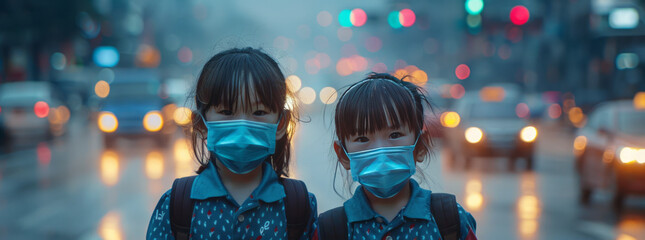 In Bangkok, two masked Thai toddlers Asian from a moderate family, in school uniform, standing...