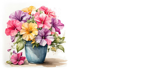 Romantic bouquet watercolor of Petunia full view  in vase on a light background, in bright colors. For Birthday, Easter, Mother day, Valentine's day greeting banner, card, copy space.
