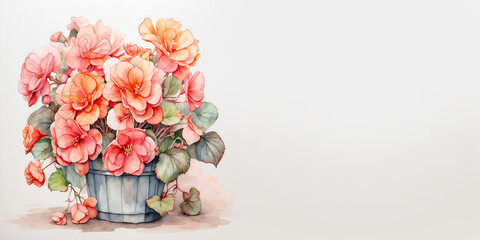 Romantic bouquet watercolor of Begonia full view  in vase on a light background, in bright colors. For Birthday, Easter, Mother day, Valentine's day greeting banner, card, copy space.
