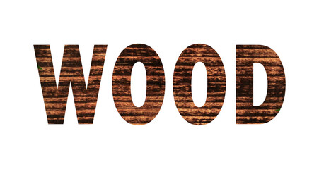 Word wood with wooden textured cut out on white background. Word picture typeface letterhead text with real wooden texture visible through it.