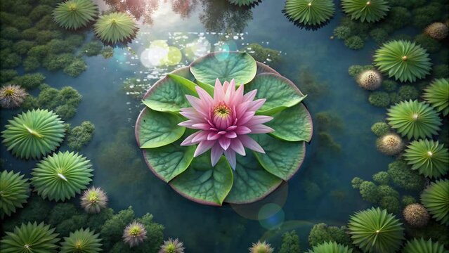 beautiful lotus flowers in the middle of the lake with shining sunlight and clear water