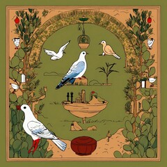 birds on a branch. a small graphic of some stuff from Palestinian culture such as olive trees and doves and keys.