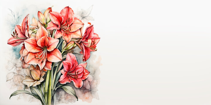 Romantic bouquet watercolor of Amaryllis full view in vase on a light background, in bright colors. For Birthday, Easter, Mother day, Valentine's day greeting banner, card, copy space