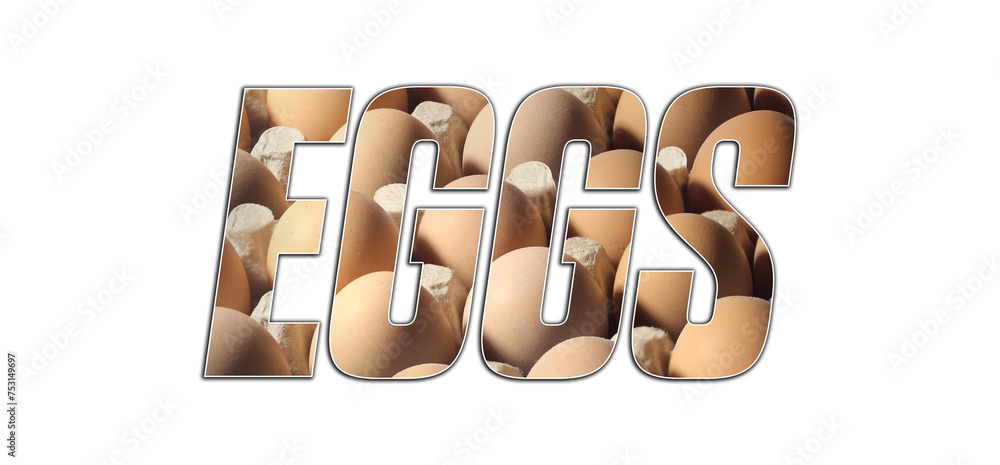 Fototapete eggs word typeface see through cut out paper text with real eggs view in the background
