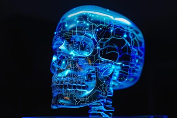 3D model of a skull with integrated blue tech circuits and glowing neural paths illustrating the evolution of bioinformatics