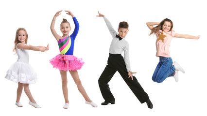 Naklejka premium Group of children dancing on white background, set of photos