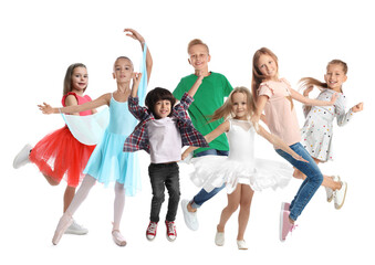 Group of children dancing on white background, set of photos