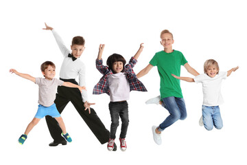Group of children dancing on white background, set of photos