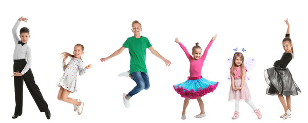 Group of children dancing on white background, set of photos