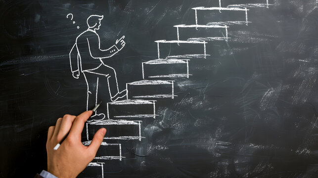 Businessman draws picture of person climbing the stairs on whiteboard. Career advancement and success concept