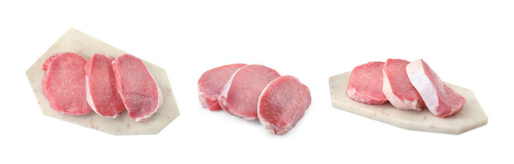 Pieces of raw pork meat isolated on white, set