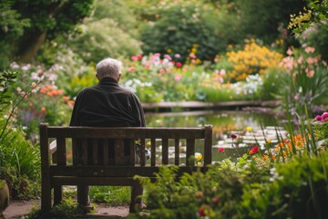 Fototapeta premium Serene Elderly Person Sitting on Rustic Wooden Bench in Lush Garden, Surrounded by Blooming Flowers and Tranquil Pond, With Clear Sky Above, Evoking Peaceful Contemplation Concept