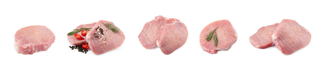 Pieces of raw pork meat isolated on white, set